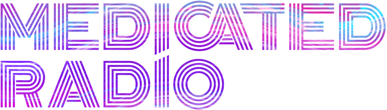 Logo containing the words Medicated Radio composed of block letters made with multiple parallel lines